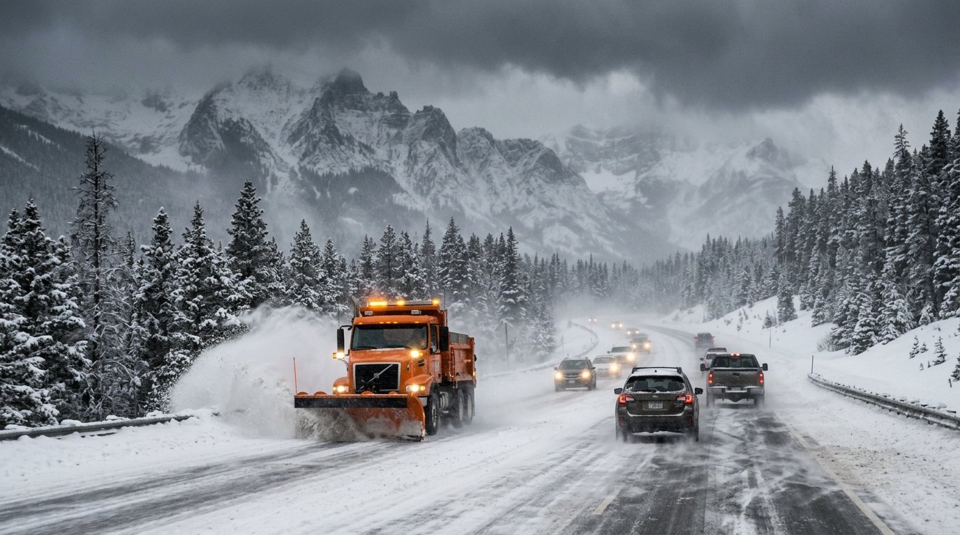 Winter Storm Warning snow on highway in California